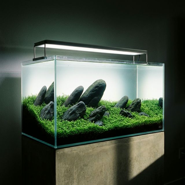 Design de aquário Iwagumi com pedras inclinadas seguindo uma única direção