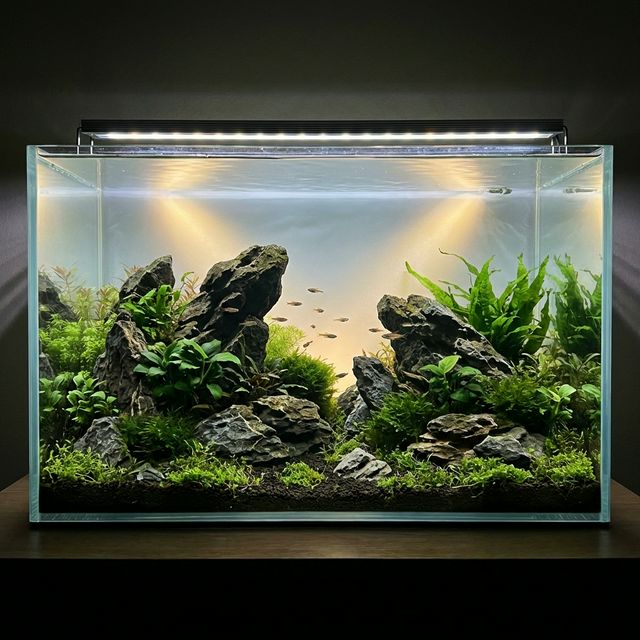 Agrupamentos de rochas criando focos visuais no aquário